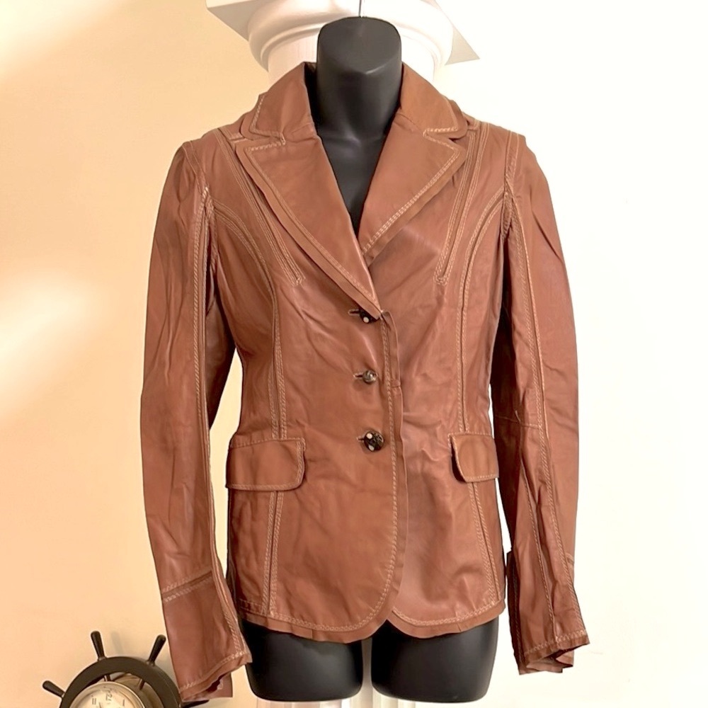 New Gimo’s Luxury Italian Soft Leather Heavily Stitched Chestnut Brown Blazer